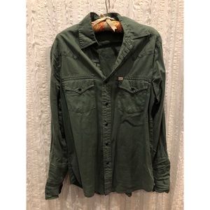Olive green button-up collared shirt